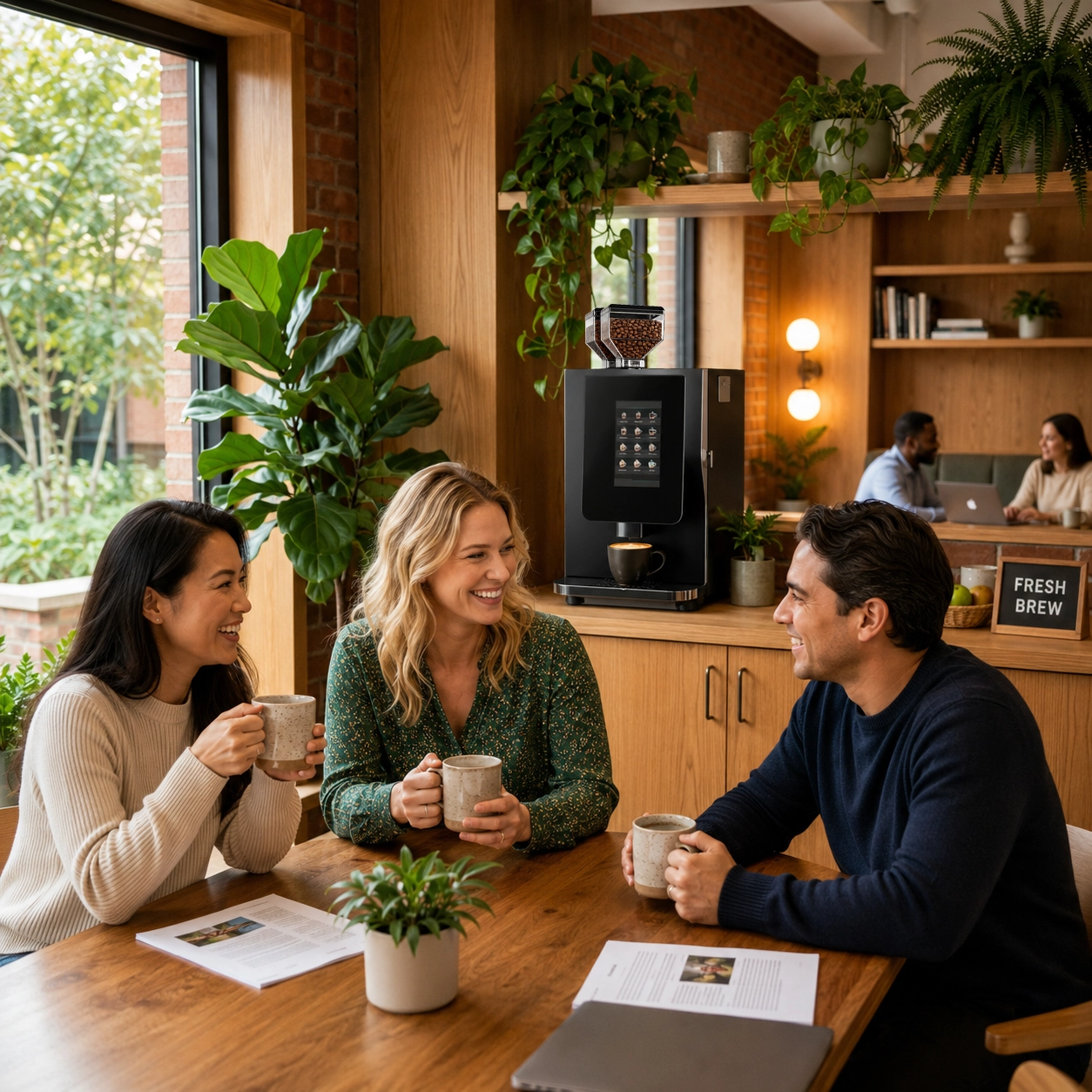 New York office breakroom with employees enjoying premium coffee service